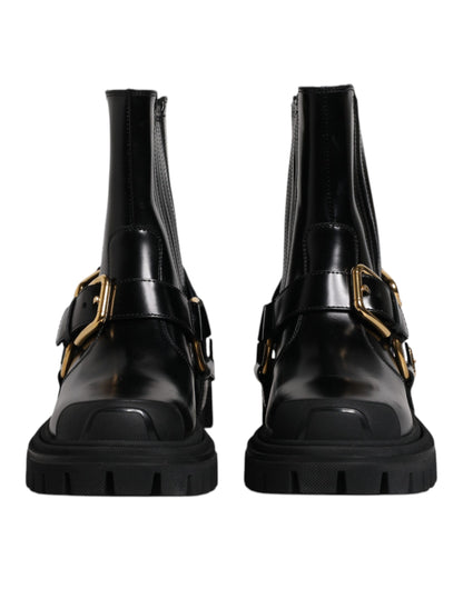 Dolce & Gabbana - Men's Black Leather Slip-On Stretch Trekking Boots with Gold Detailing