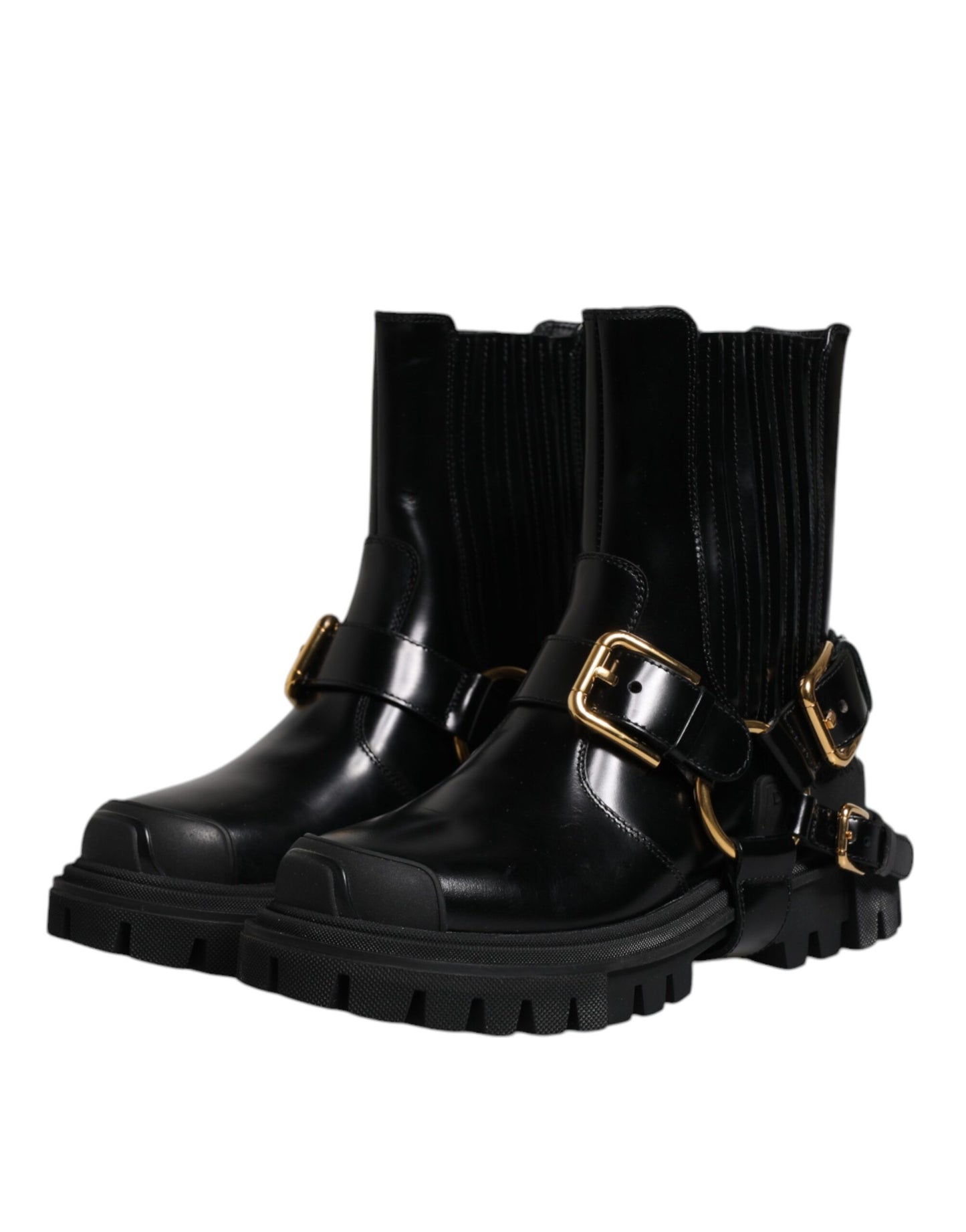 Dolce & Gabbana - Men's Black Leather Slip-On Stretch Trekking Boots with Gold Detailing