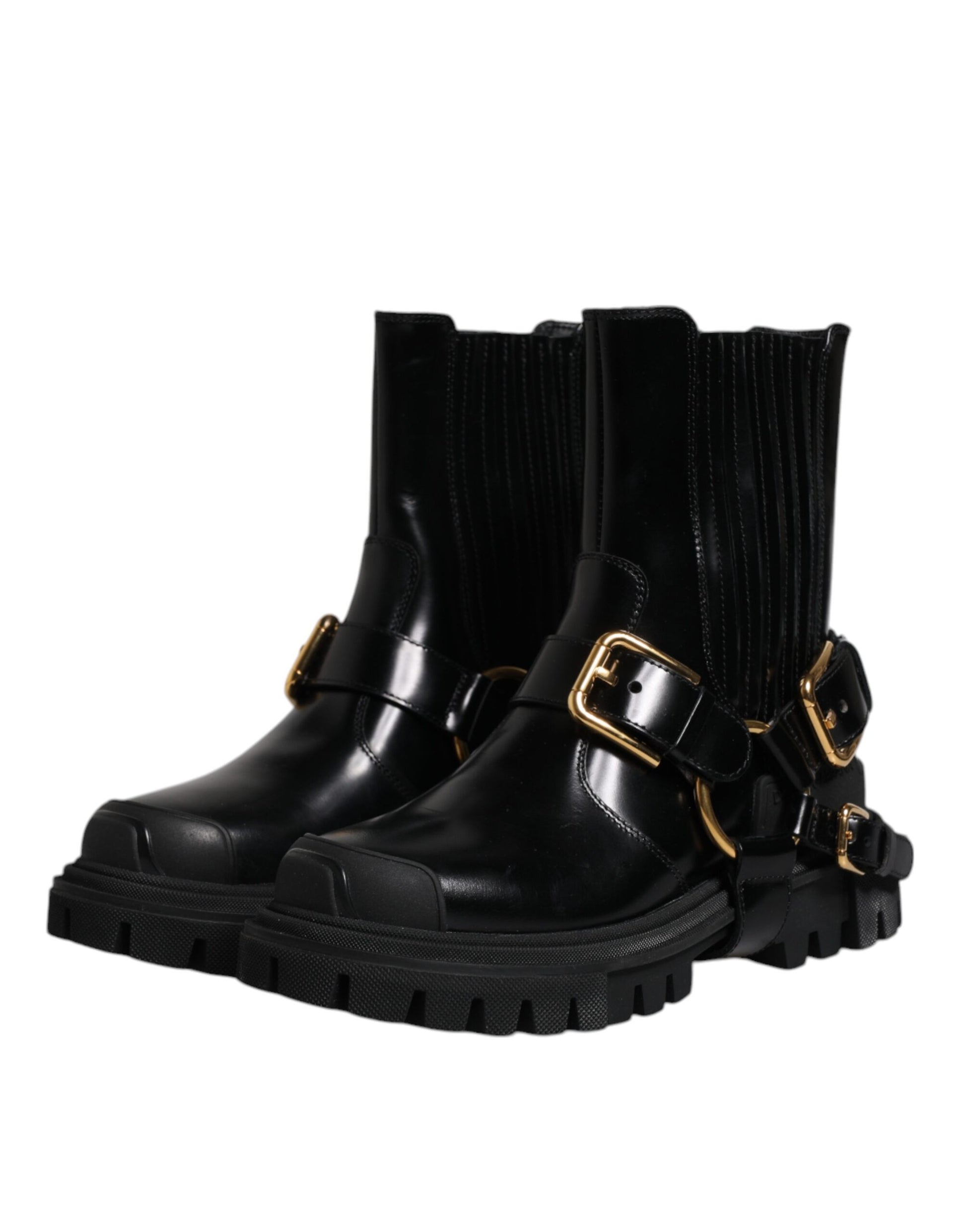 Dolce & Gabbana - Men's Black Leather Slip-On Stretch Trekking Boots with Gold Detailing