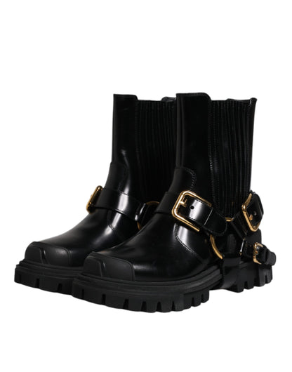 Dolce & Gabbana - Men's Black Leather Slip-On Stretch Trekking Boots with Gold Detailing