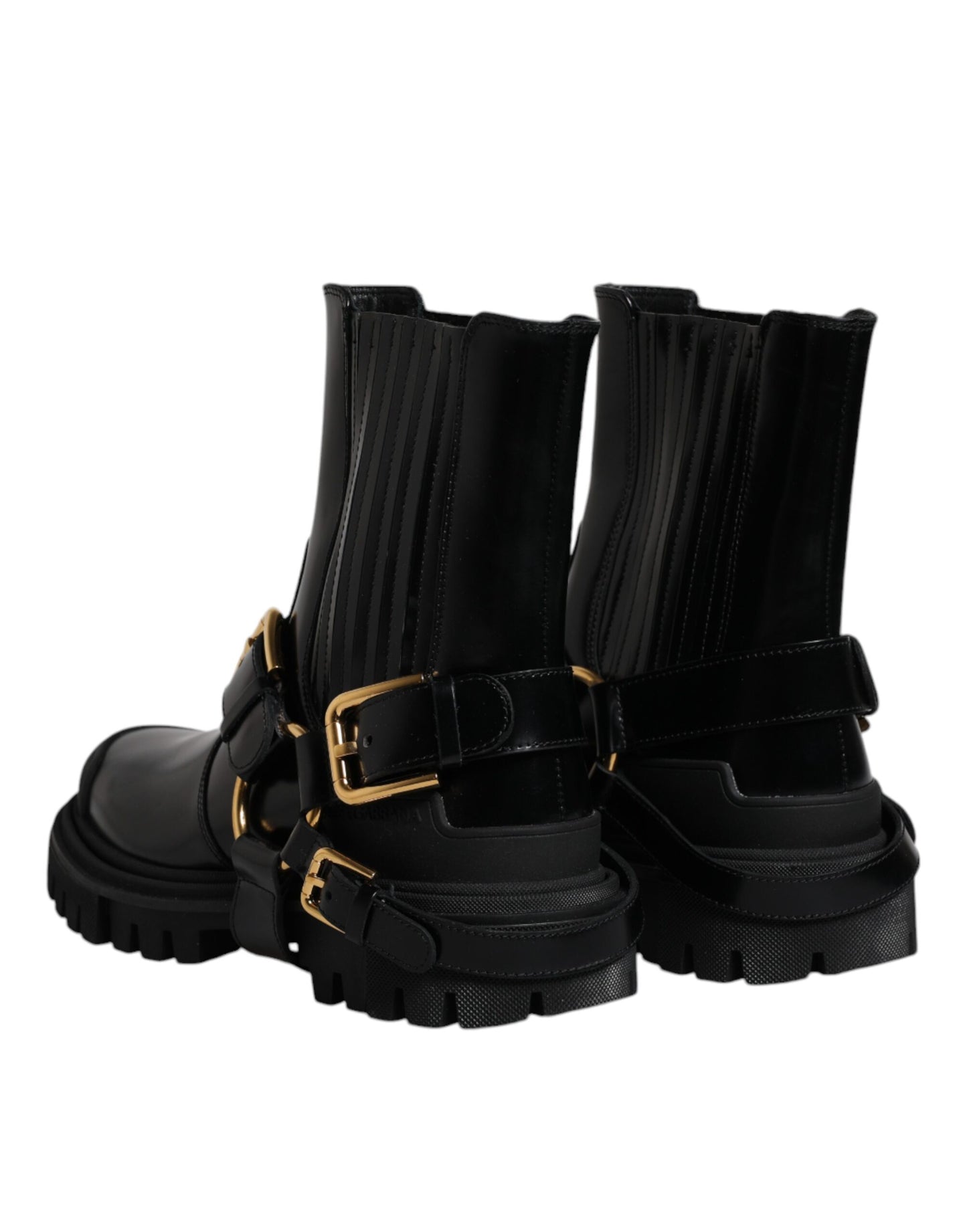 Dolce & Gabbana - Men's Black Leather Slip-On Stretch Trekking Boots with Gold Detailing