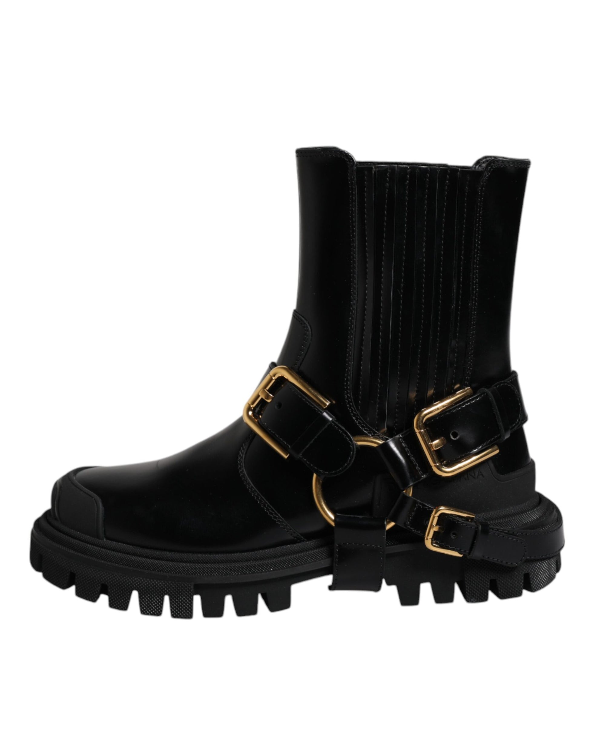 Dolce & Gabbana - Men's Black Leather Slip-On Stretch Trekking Boots with Gold Detailing