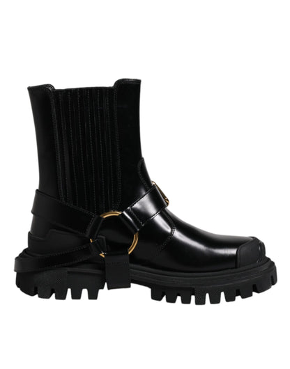 Dolce & Gabbana - Men's Black Leather Slip-On Stretch Trekking Boots with Gold Detailing