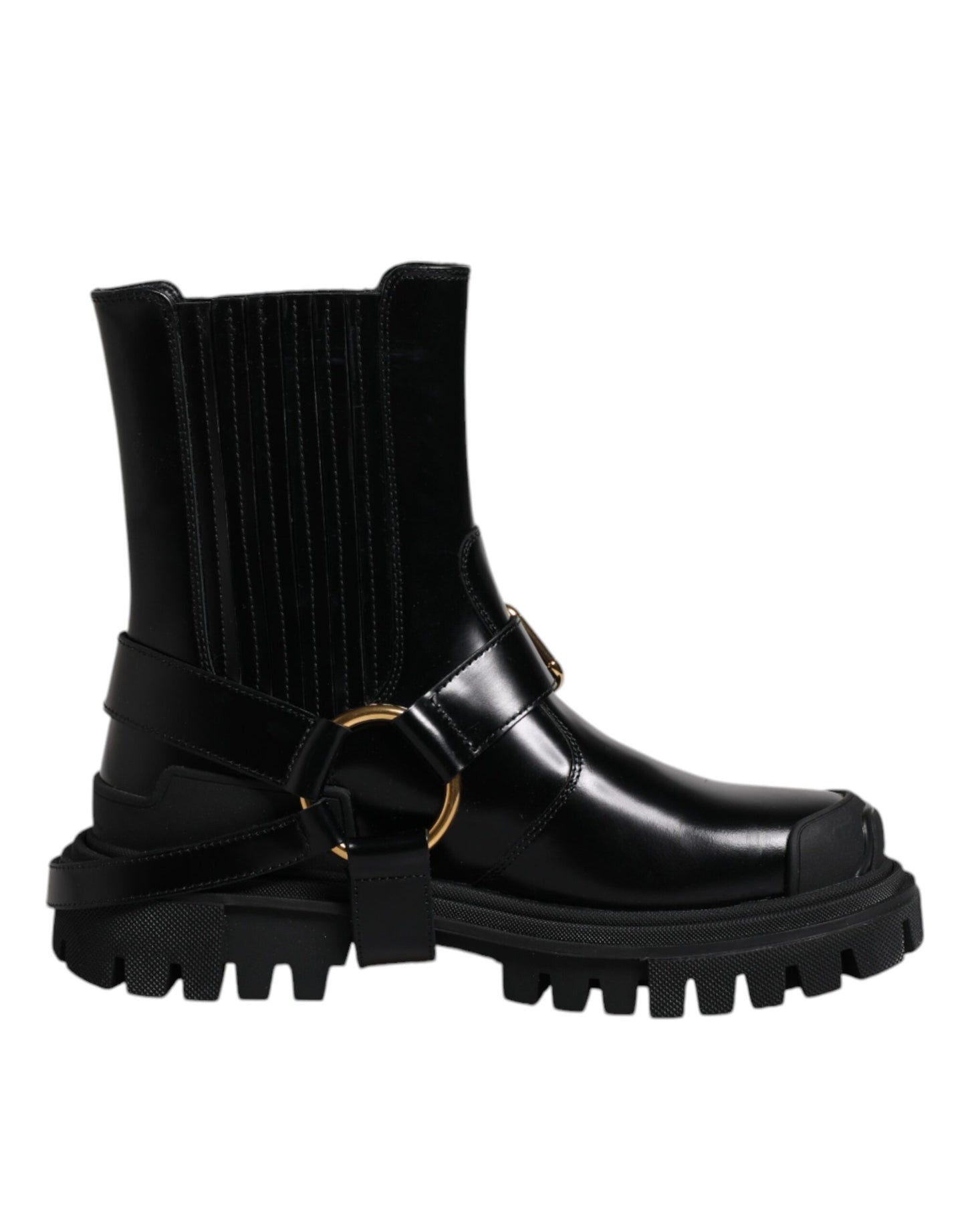 Dolce & Gabbana - Men's Black Leather Slip-On Stretch Trekking Boots with Gold Detailing