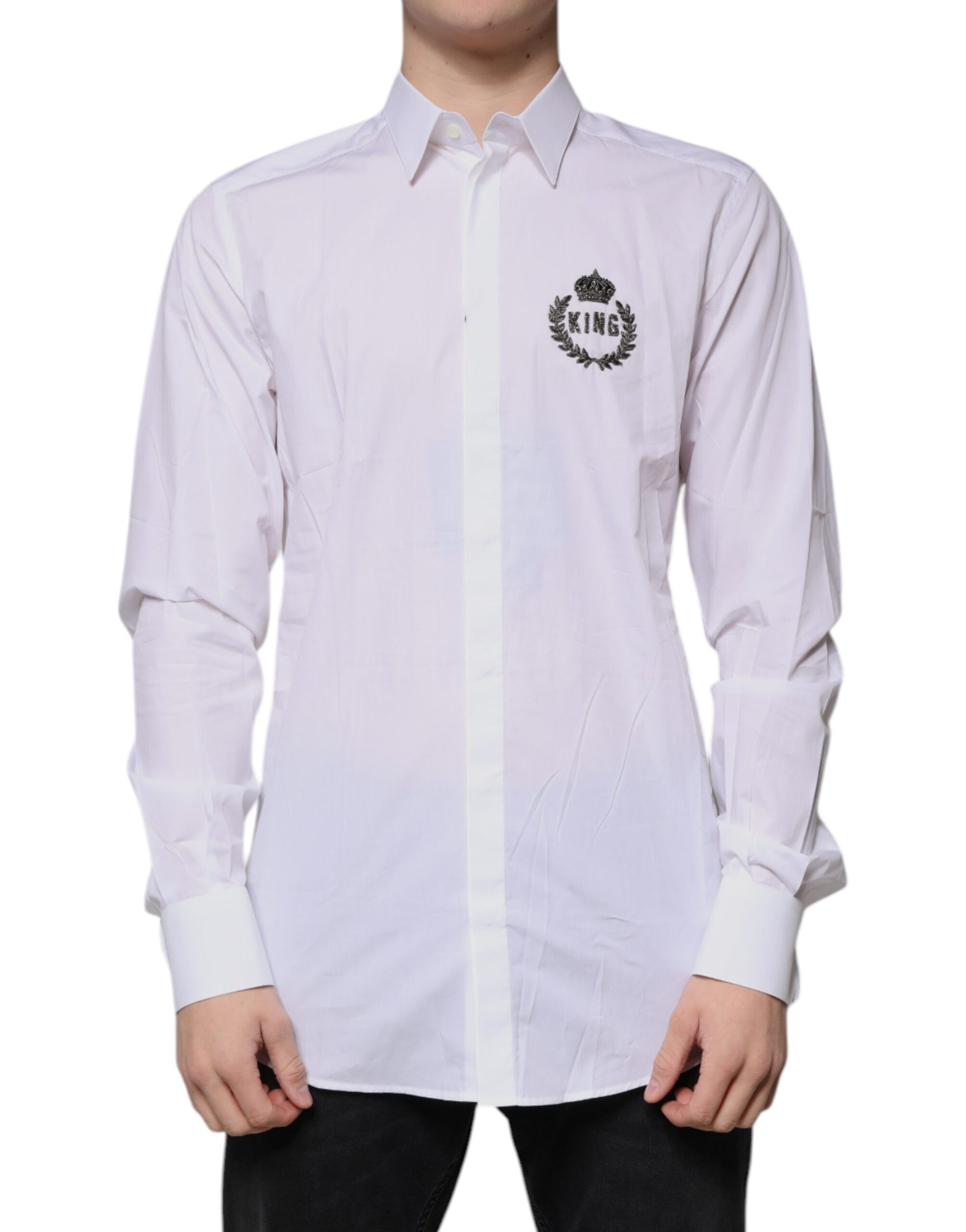 Dolce & Gabbana Men's White Cotton "King" Logo Embroidered GOLD Dress Shirt