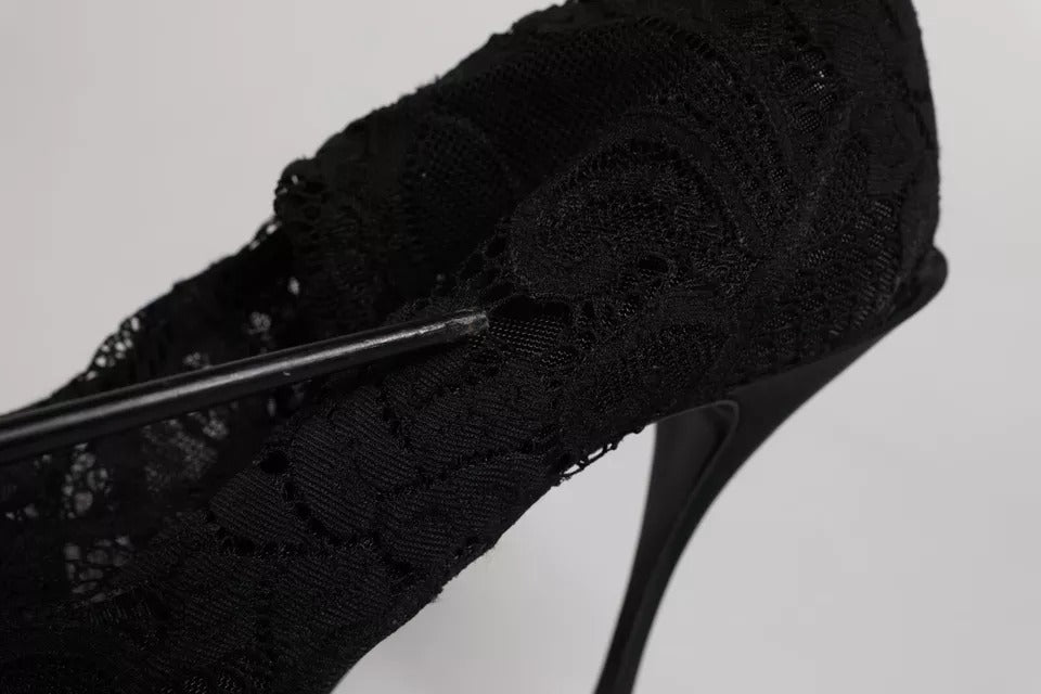 Dolce & Gabbana Black Lace Stretch Heels Mid Calf Boots Shoes