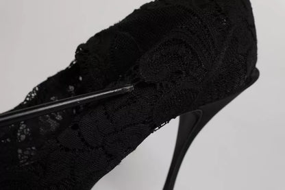 Dolce & Gabbana Black Lace Stretch Heels Mid Calf Boots Shoes