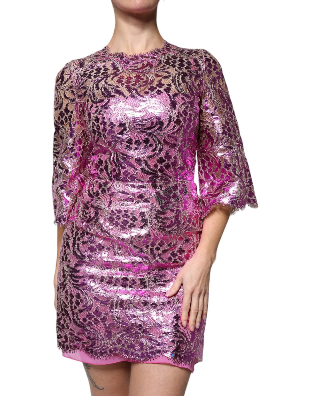 Dolce & Gabbana - Metallic Fuchsia Floral Sheath Mini Dress