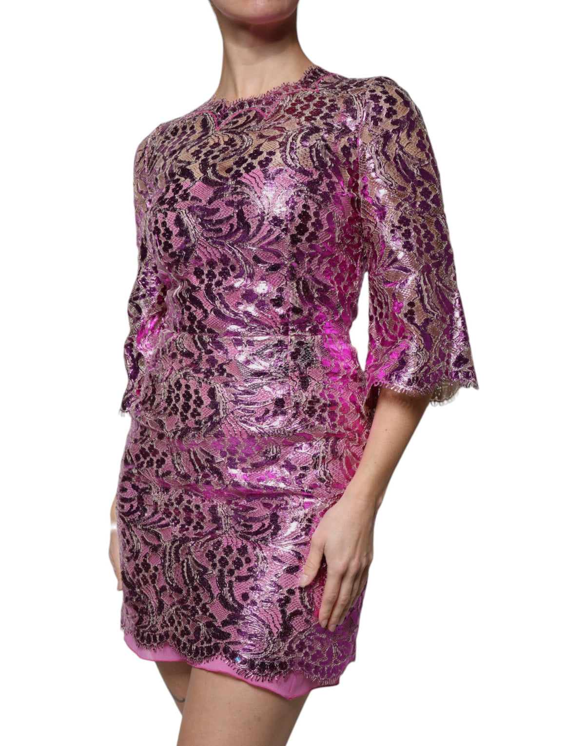 Dolce & Gabbana - Metallic Fuchsia Floral Sheath Mini Dress
