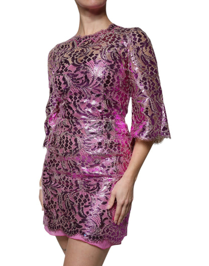 Dolce & Gabbana - Metallic Fuchsia Floral Sheath Mini Dress