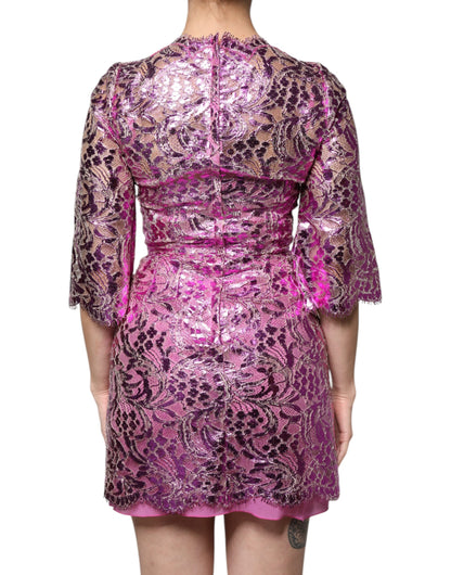 Dolce & Gabbana - Metallic Fuchsia Floral Sheath Mini Dress