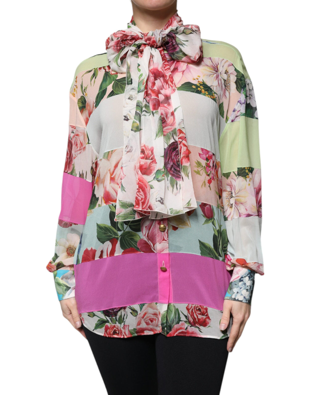 Dolce & Gabbana - Silk Blend Multicolor Floral Patchwork Ascot Collar Top