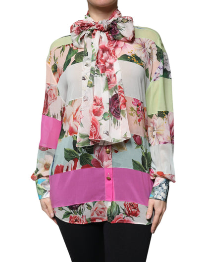 Dolce & Gabbana - Silk Blend Multicolor Floral Patchwork Ascot Collar Top
