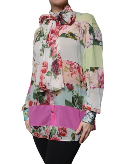 Dolce & Gabbana - Silk Blend Multicolor Floral Patchwork Ascot Collar Top