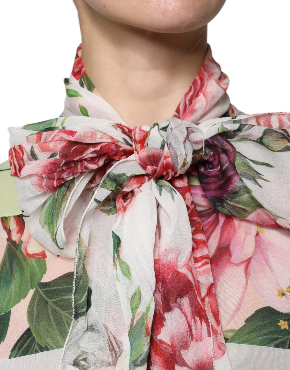 Dolce & Gabbana - Silk Blend Multicolor Floral Patchwork Ascot Collar Top