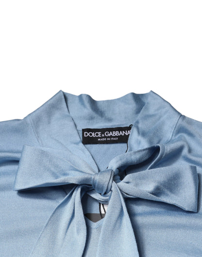 Dolce & Gabbana Blue Silk Knit Pullover Ascot Collar Top