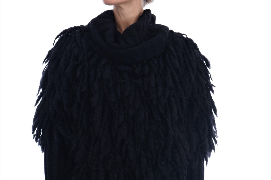  - Elegant Black Fringed Wool-Cashmere Sweater