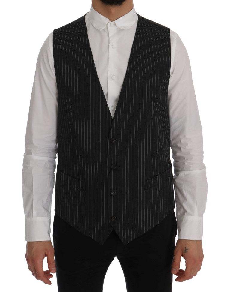  - Elegant Gray Striped Vest Waistcoat