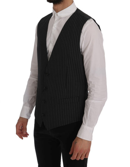  - Elegant Gray Striped Vest Waistcoat