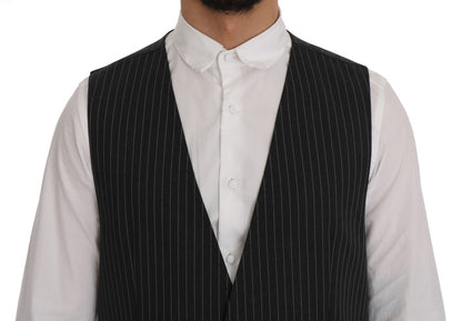  - Elegant Gray Striped Vest Waistcoat