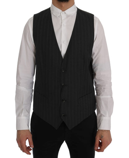  - Elegant Gray Striped Single Breasted Vest