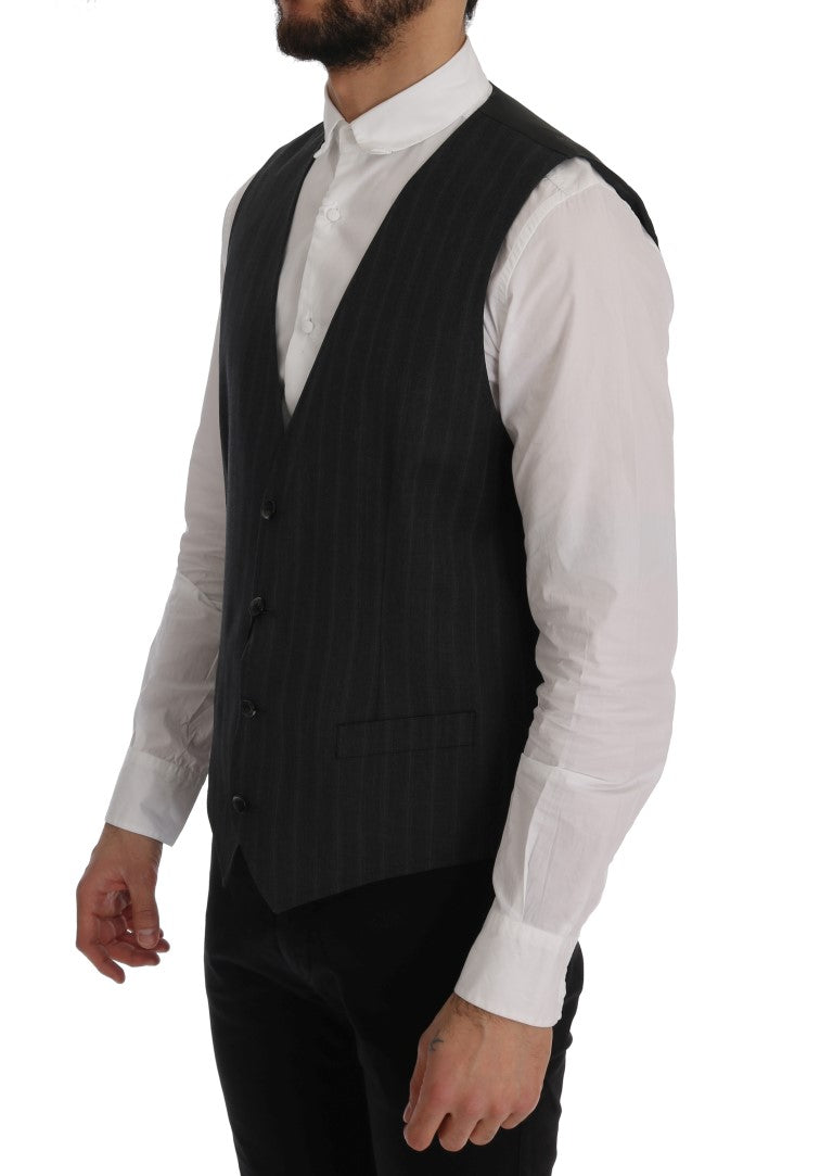  - Elegant Gray Striped Single Breasted Vest