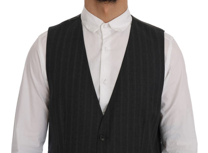  - Elegant Gray Striped Single Breasted Vest