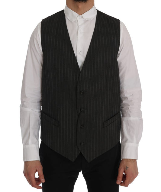  - Elegant Striped Gray Wool Blend Waistcoat Vest