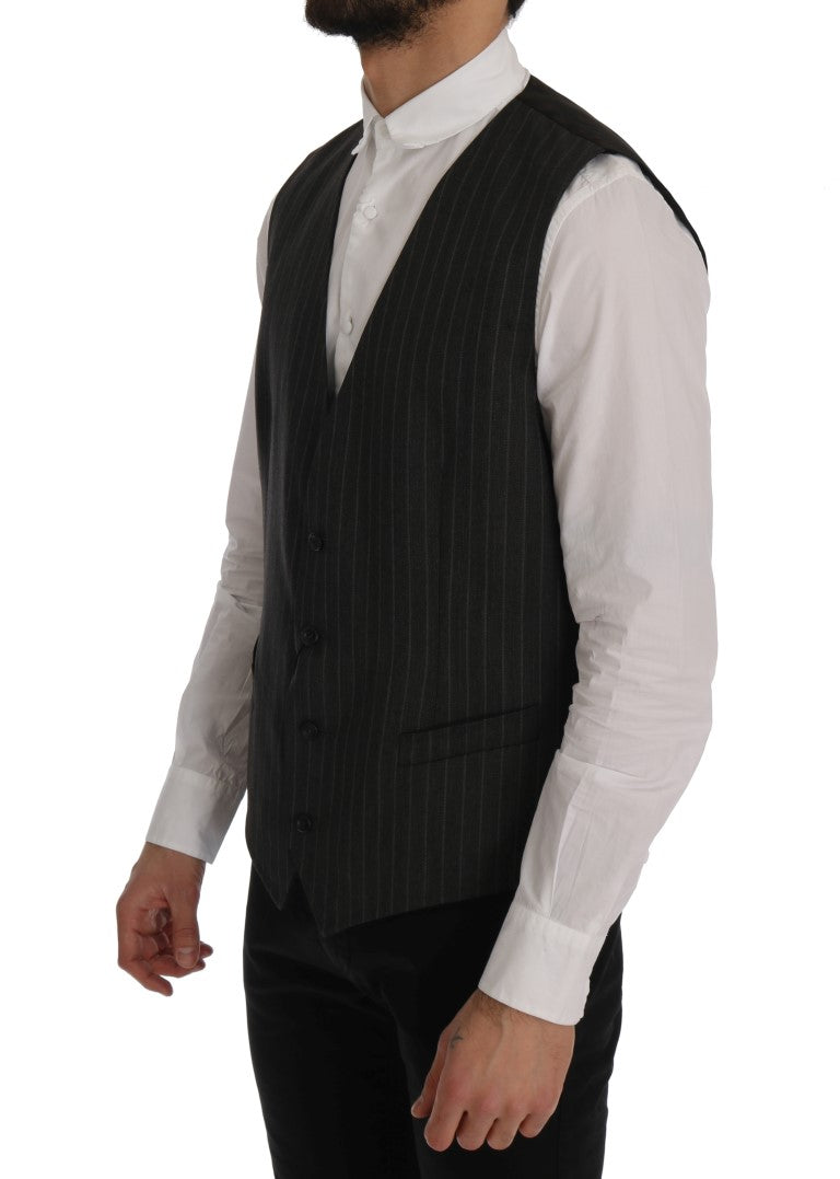  - Elegant Striped Gray Wool Blend Waistcoat Vest