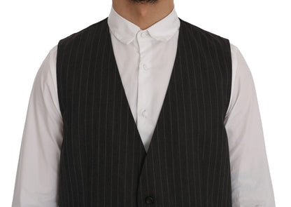  - Elegant Striped Gray Wool Blend Waistcoat Vest