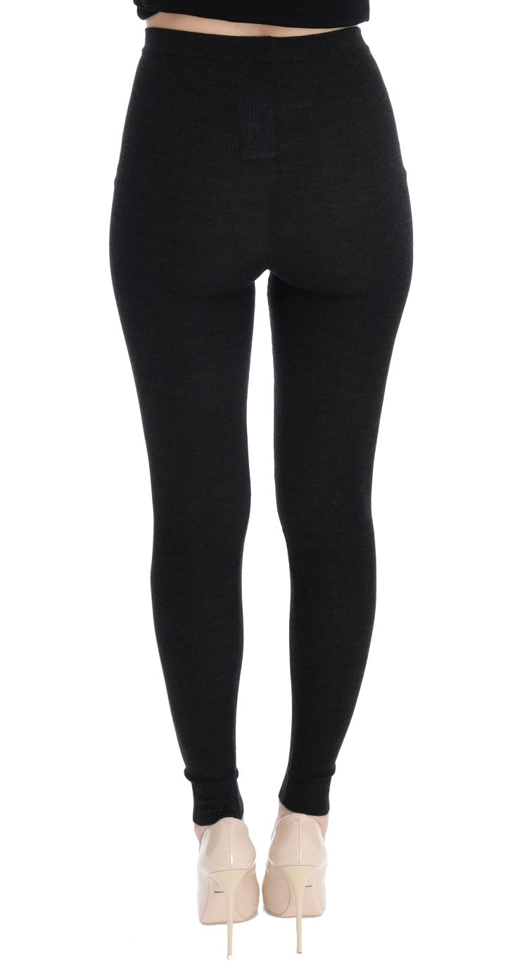  - Elegant High-Waist Wool Tights Pants in Dark Gray