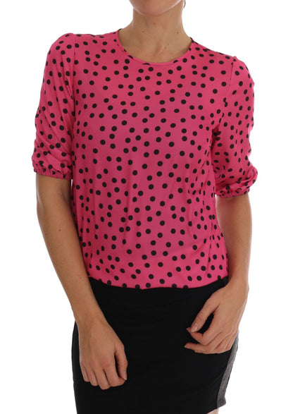  - Chic Pink Polka Dotted Silk Blouse