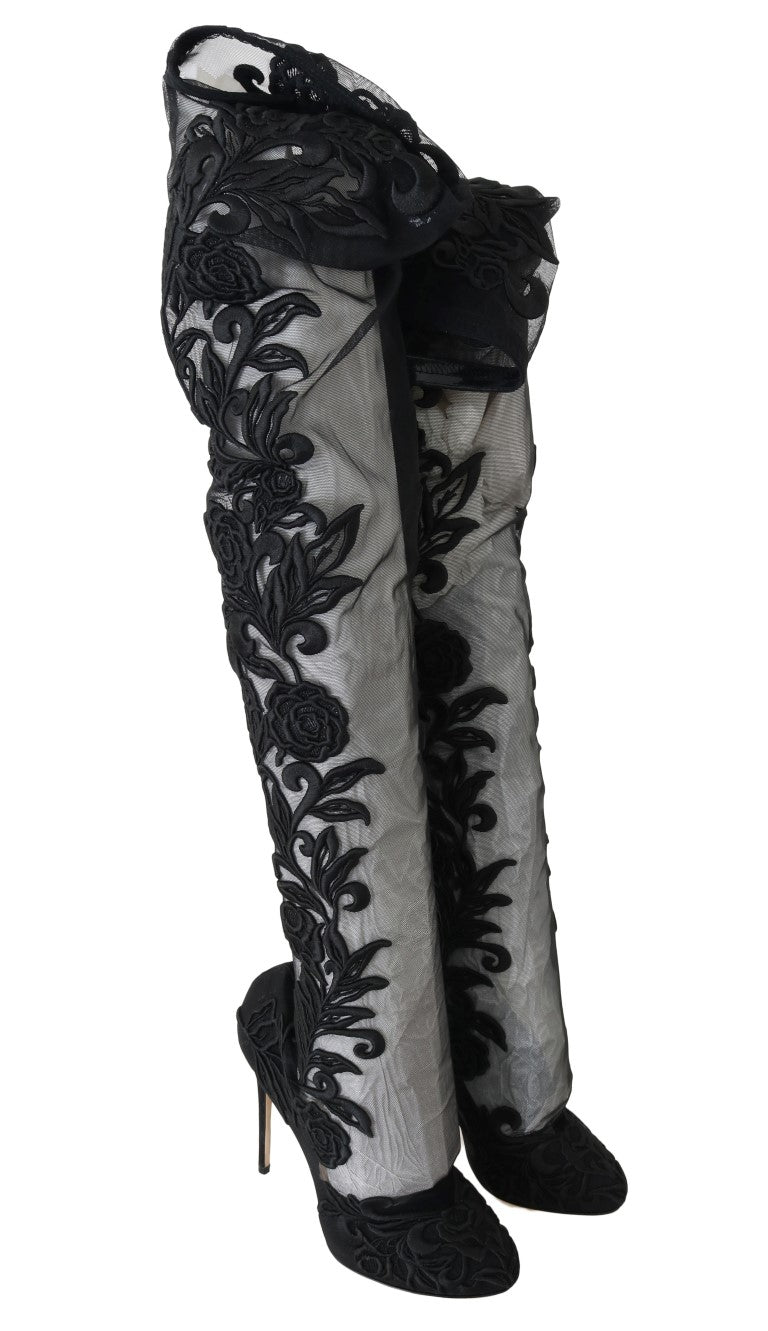  - Embroidered Floral Over-Knee Boots