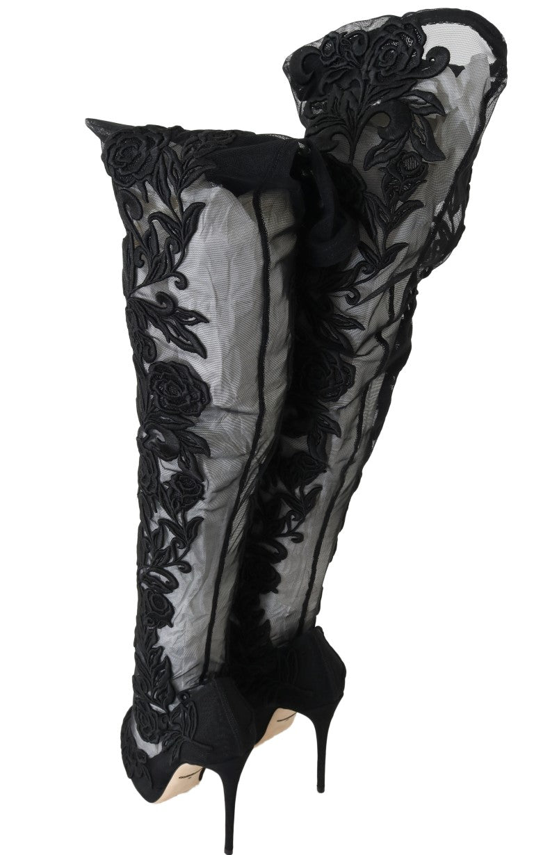  - Embroidered Floral Over-Knee Boots