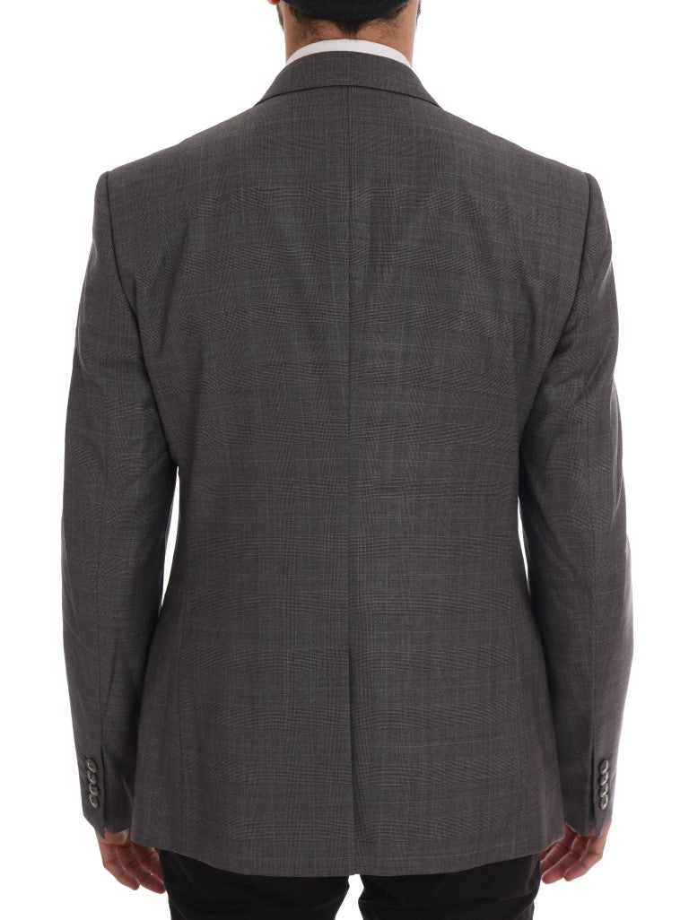  - Sleek Gray Checkered Wool Blazer