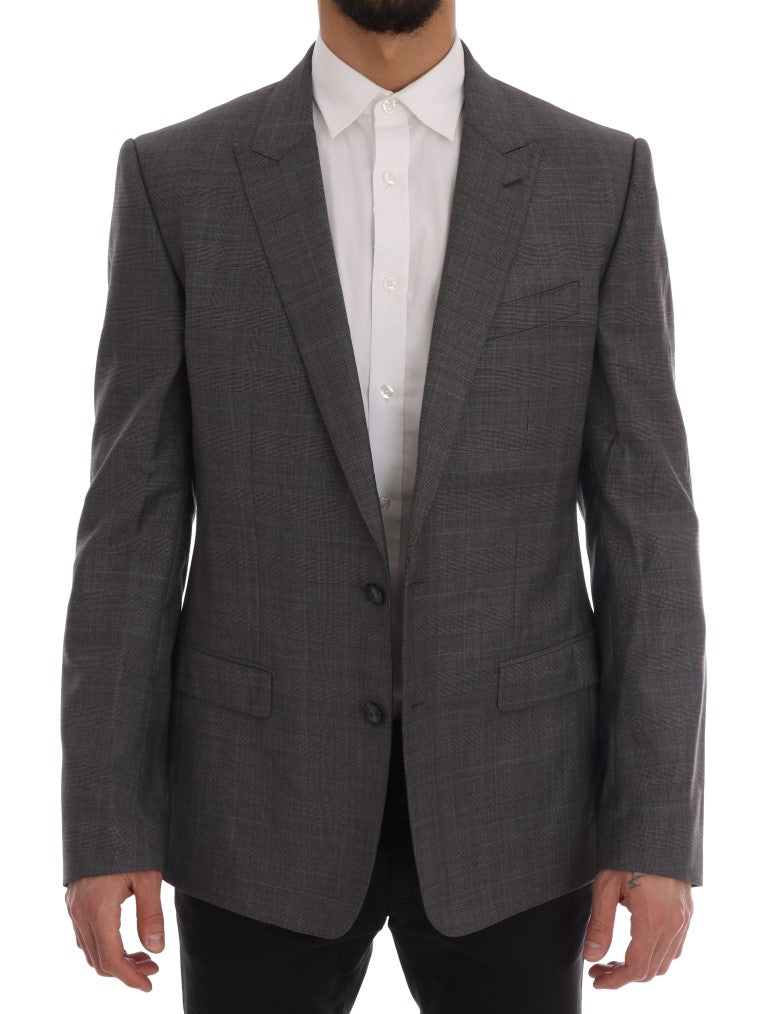  - Sleek Gray Checkered Wool Blazer