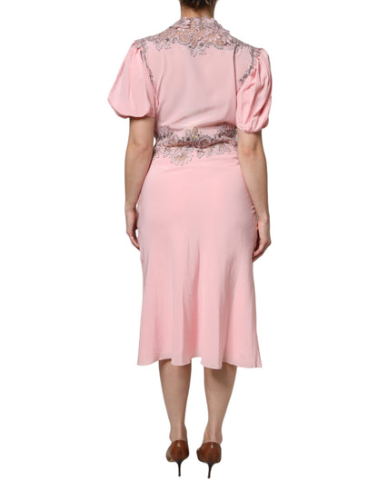 Ermanno Scervino Pink Floral Lace V-neck Midi Dress