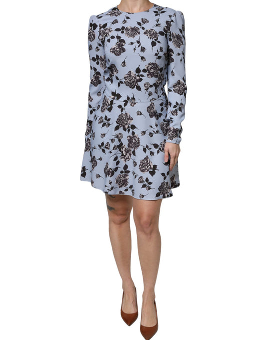  - Valentino Light Blue Floral Long Sleeves A-line Mini Dress