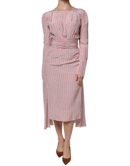 Ermanno Scervino Pink Stripes Silk Long Sleeves Midi Dress - Timeless Elegance in Silk