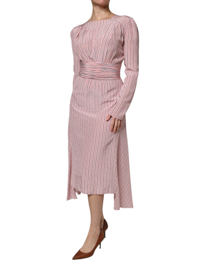 Ermanno Scervino Pink Stripes Silk Long Sleeves Midi Dress - Timeless Elegance in Silk
