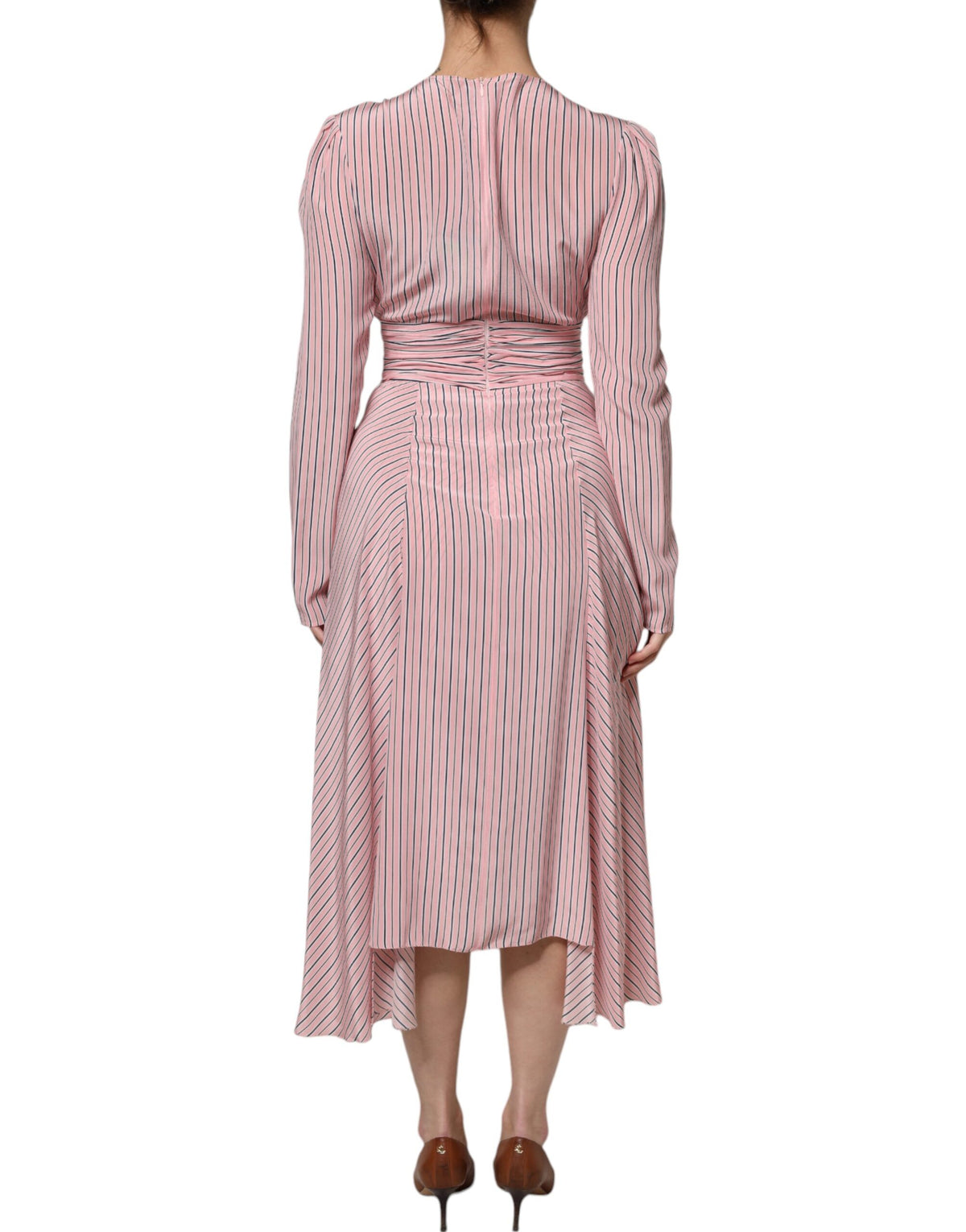 Ermanno Scervino Pink Stripes Silk Long Sleeves Midi Dress - Timeless Elegance in Silk