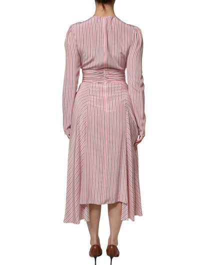 Ermanno Scervino Pink Stripes Silk Long Sleeves Midi Dress - Timeless Elegance in Silk