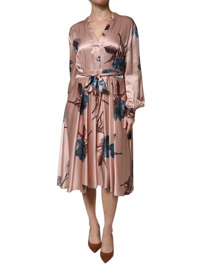 - L'Autre Chose Pink Satin Floral Long Sleeves A-line Midi Dress