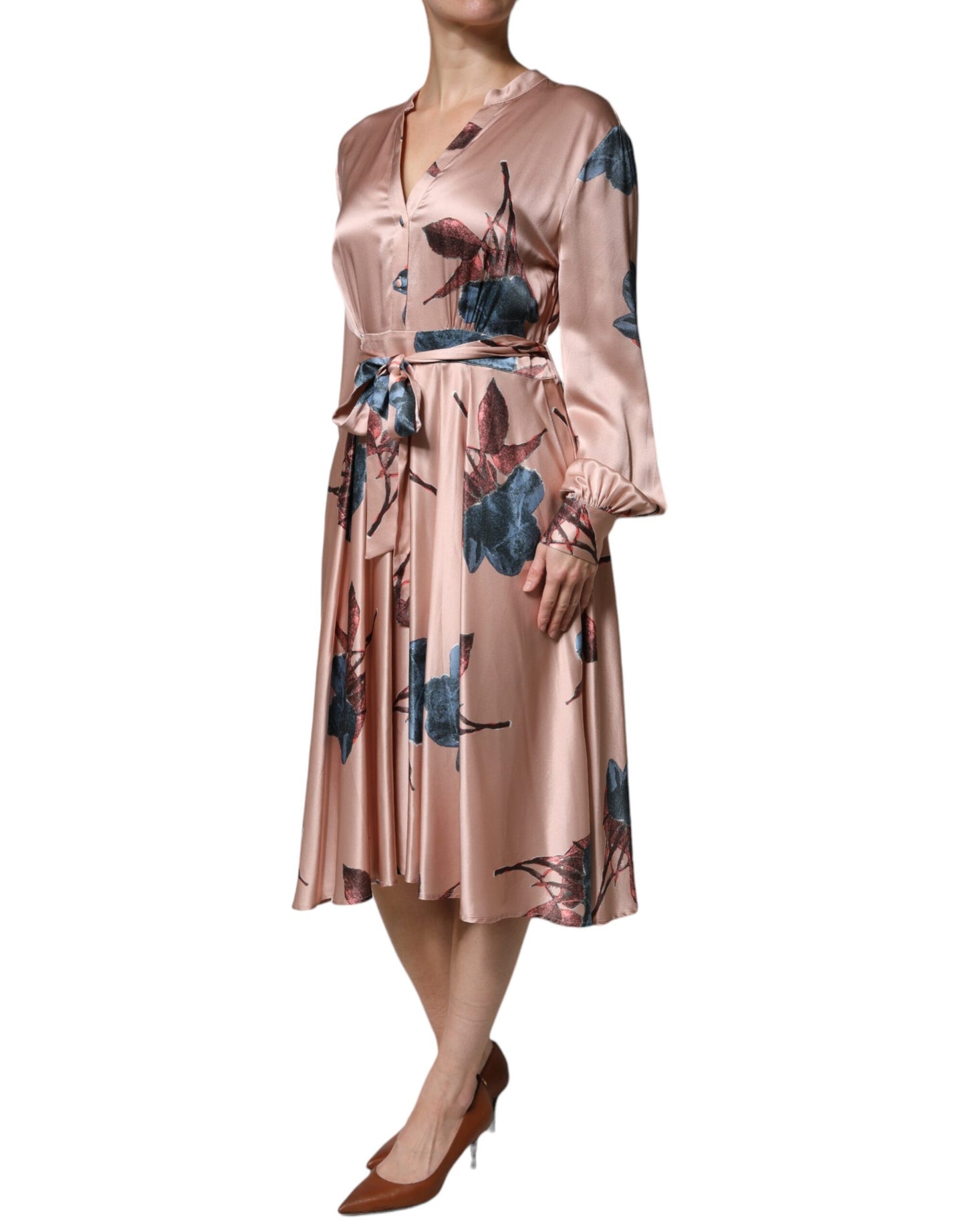  - L'Autre Chose Pink Satin Floral Long Sleeves A-line Midi Dress