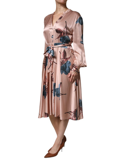  - L'Autre Chose Pink Satin Floral Long Sleeves A-line Midi Dress
