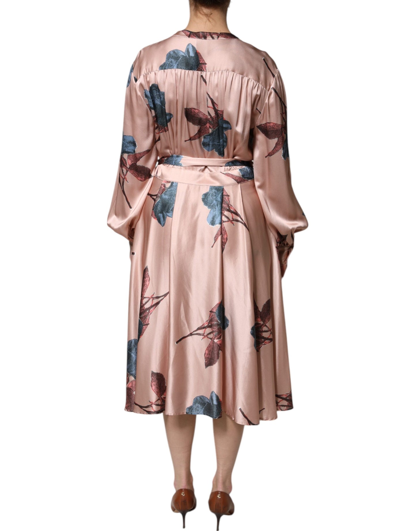  - L'Autre Chose Pink Satin Floral Long Sleeves A-line Midi Dress