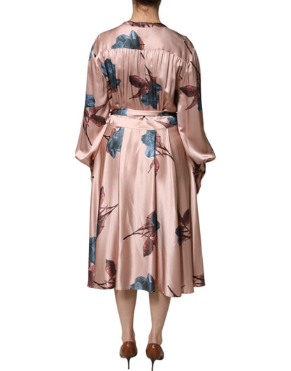  - L'Autre Chose Pink Satin Floral Long Sleeves A-line Midi Dress
