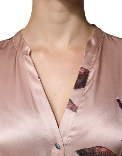  - L'Autre Chose Pink Satin Floral Long Sleeves A-line Midi Dress