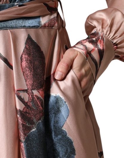  - L'Autre Chose Pink Satin Floral Long Sleeves A-line Midi Dress