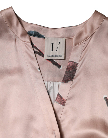  - L'Autre Chose Pink Satin Floral Long Sleeves A-line Midi Dress